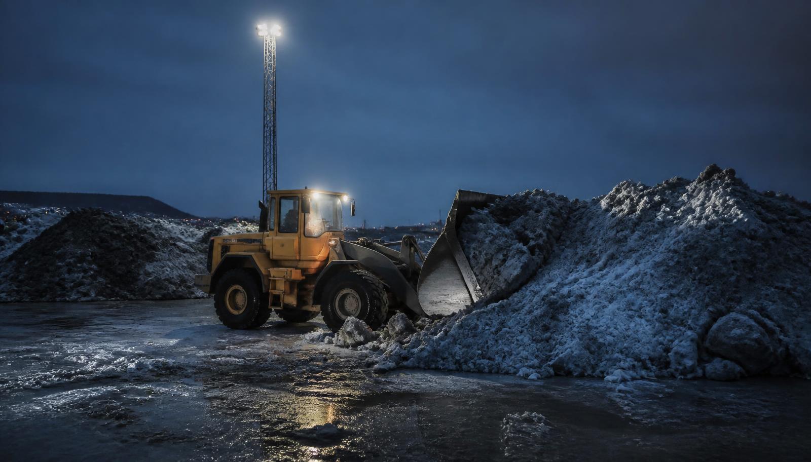 Hjullaster som flytter brøytesnø på et snødeponi om vinteren